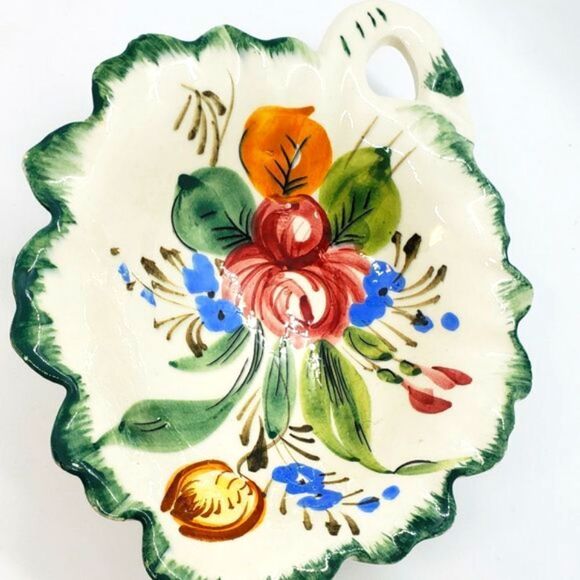 Italian Hand Painted Vtg Pottery Floral Leaf Ceramic Trinket, Candy, or Nut Dish - Picture 7 of 7
